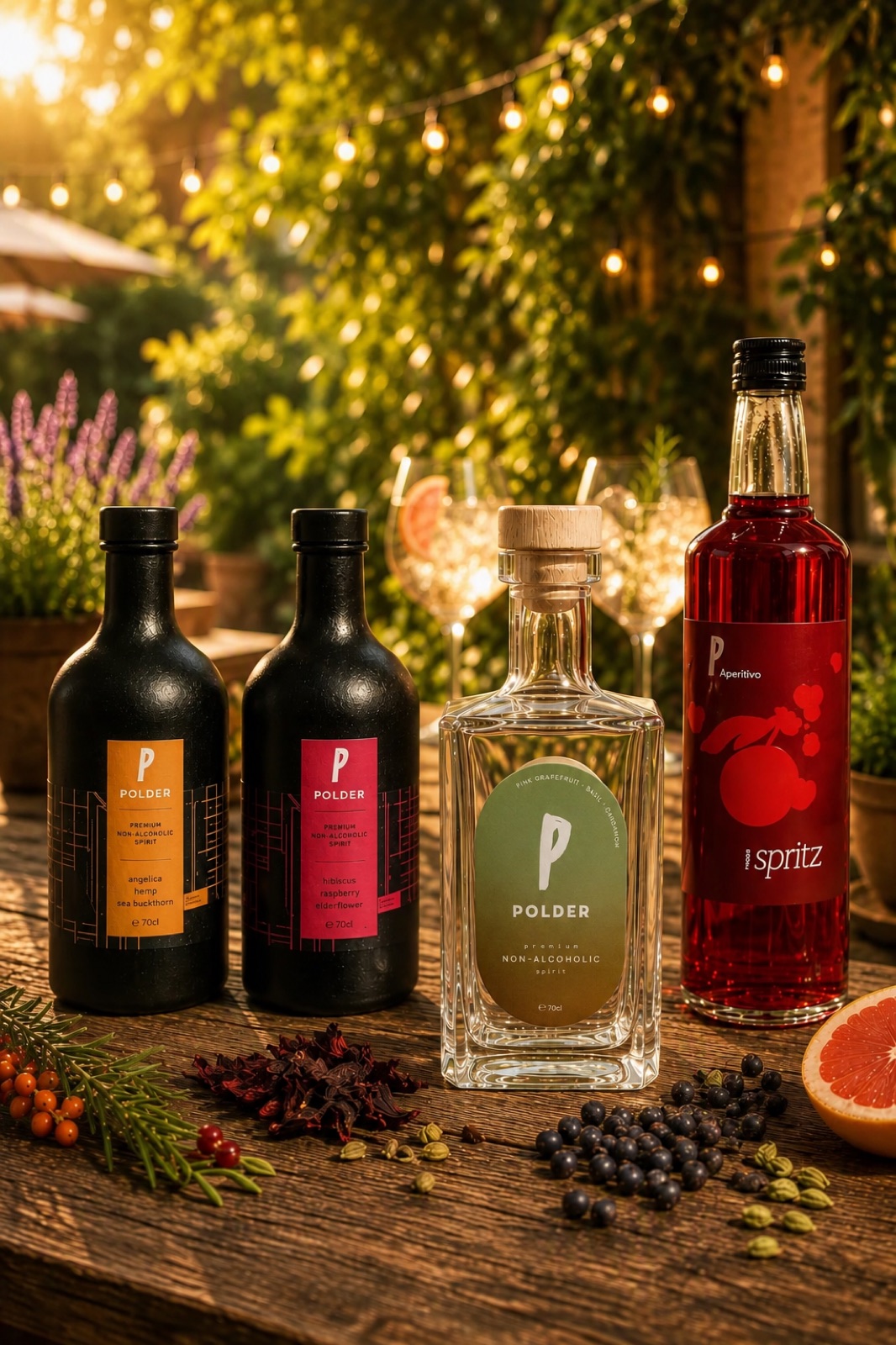 Polder Drinks assortiment met gin, spritz en botanicals in de polder